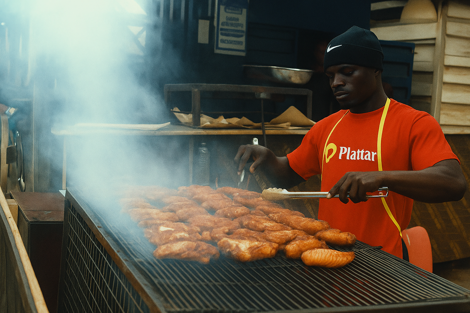 Fresh food display counter with vendors serving customers